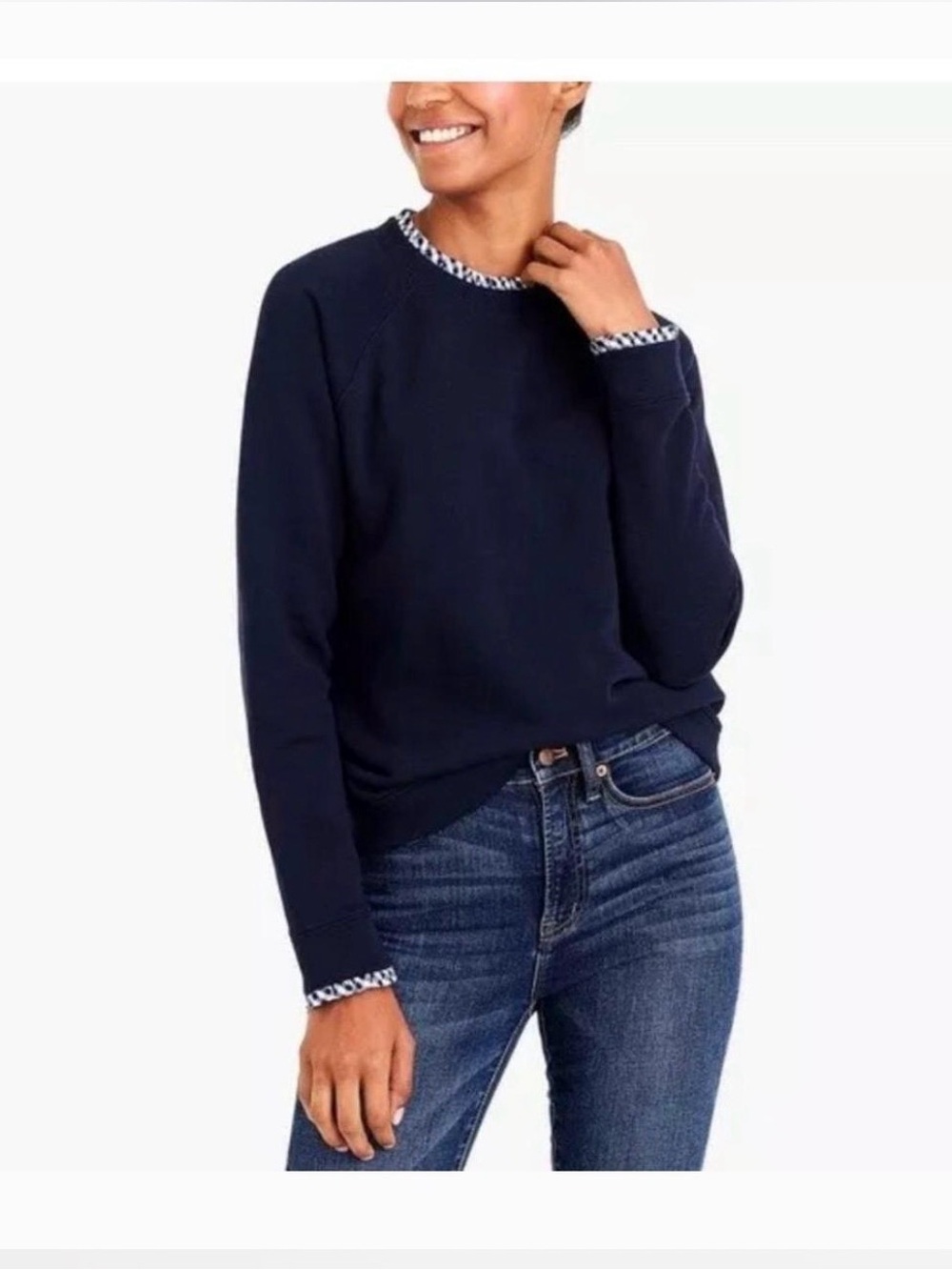 J. Crew Factory Navy Crewneck Sweater with gingham Contrast Trim